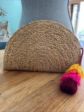 Shiraleah Tan Straw Clutch with Multicolor Tassel